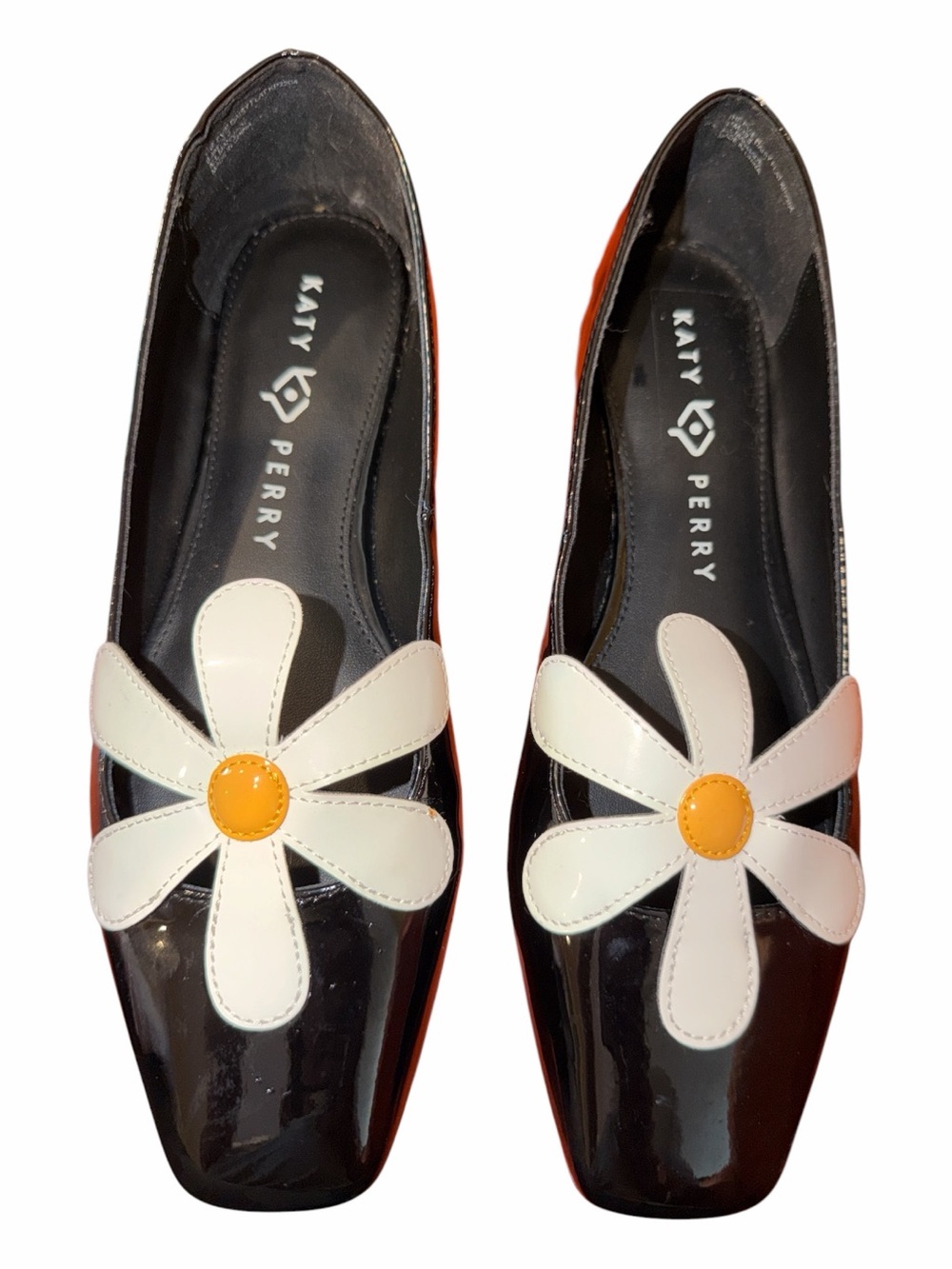 Katy Perry Collections Black Patent Flats with White Daisy and Yellow Center